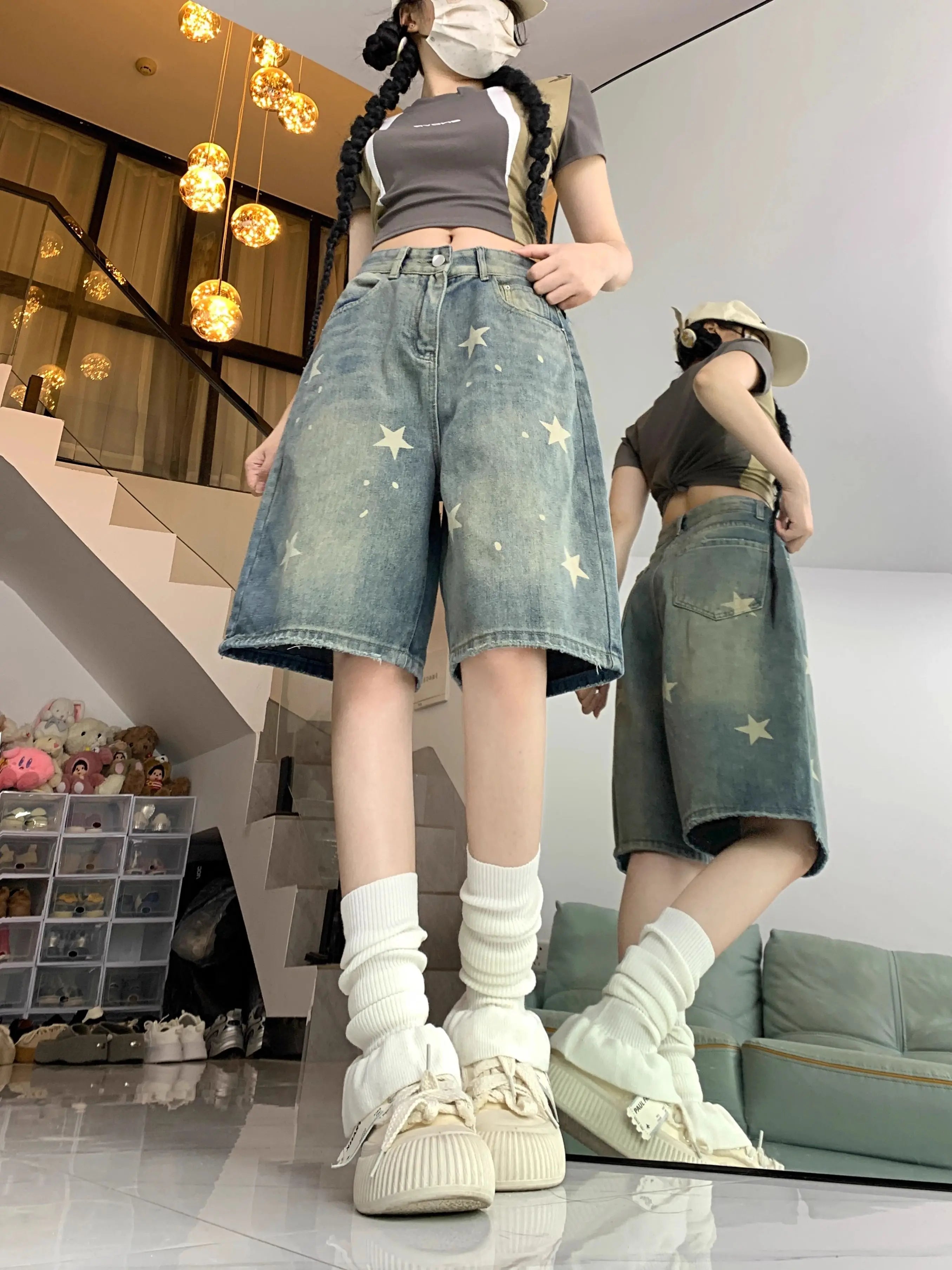 Casual Floral Print Loose Wide Leg Womens Jeans New American Retro Star Design Straight Leg Comfort Stretch Soft Denim Shorts
