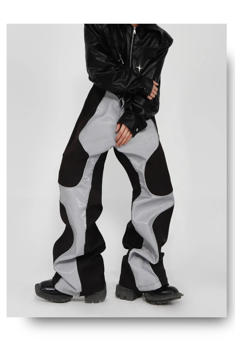 Mauroicardi Spring Autumn Cool Long Loose Casual Soft Patchwork Pu Leather Pants Men Luxury Designer Clothing Trousers 2023