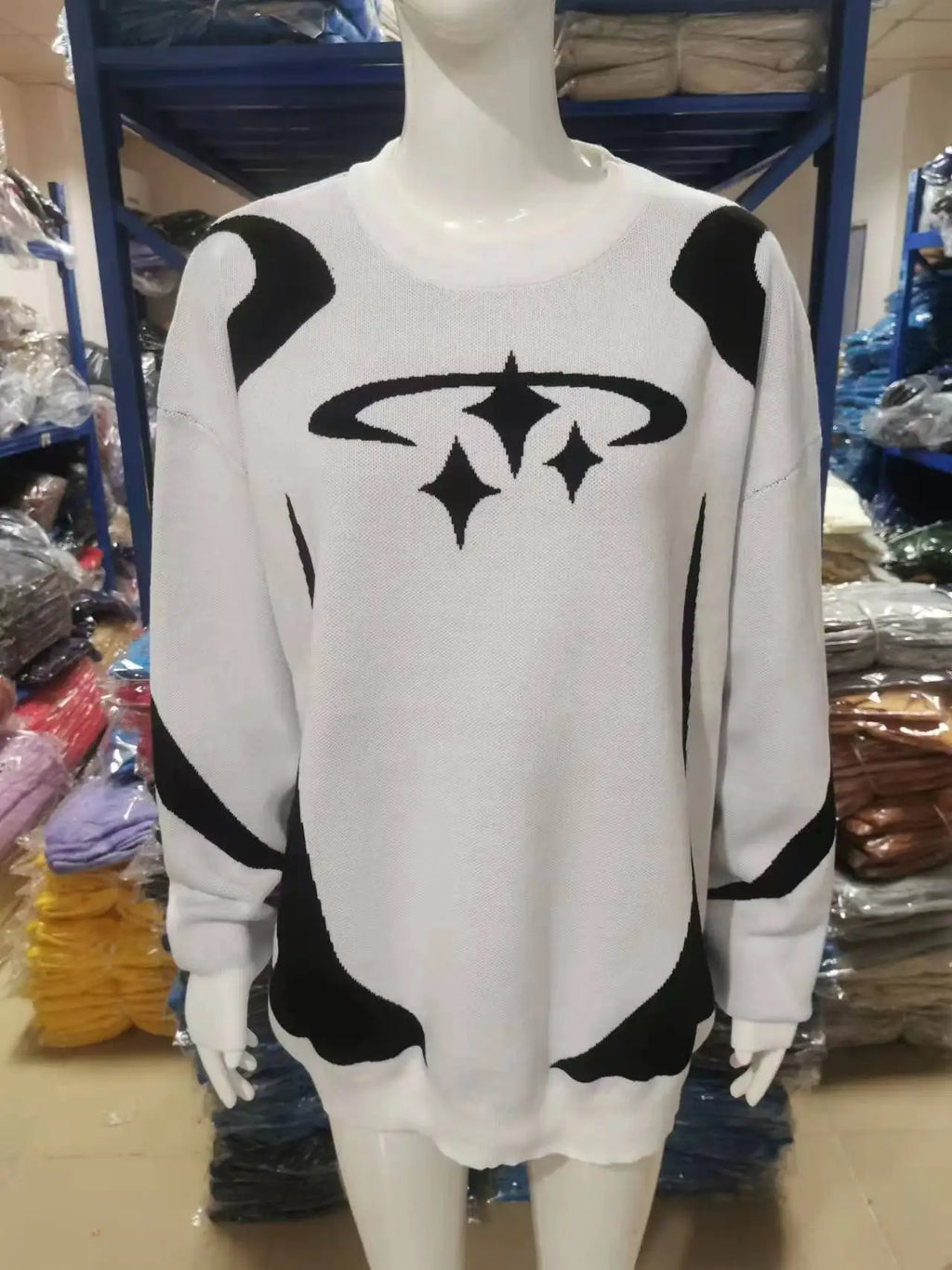 Casual Commuter Style Oversized round Neck Knitwear Women's Pullover Sweater Geometric Pattern Long Sleeve Comfortable Leisure