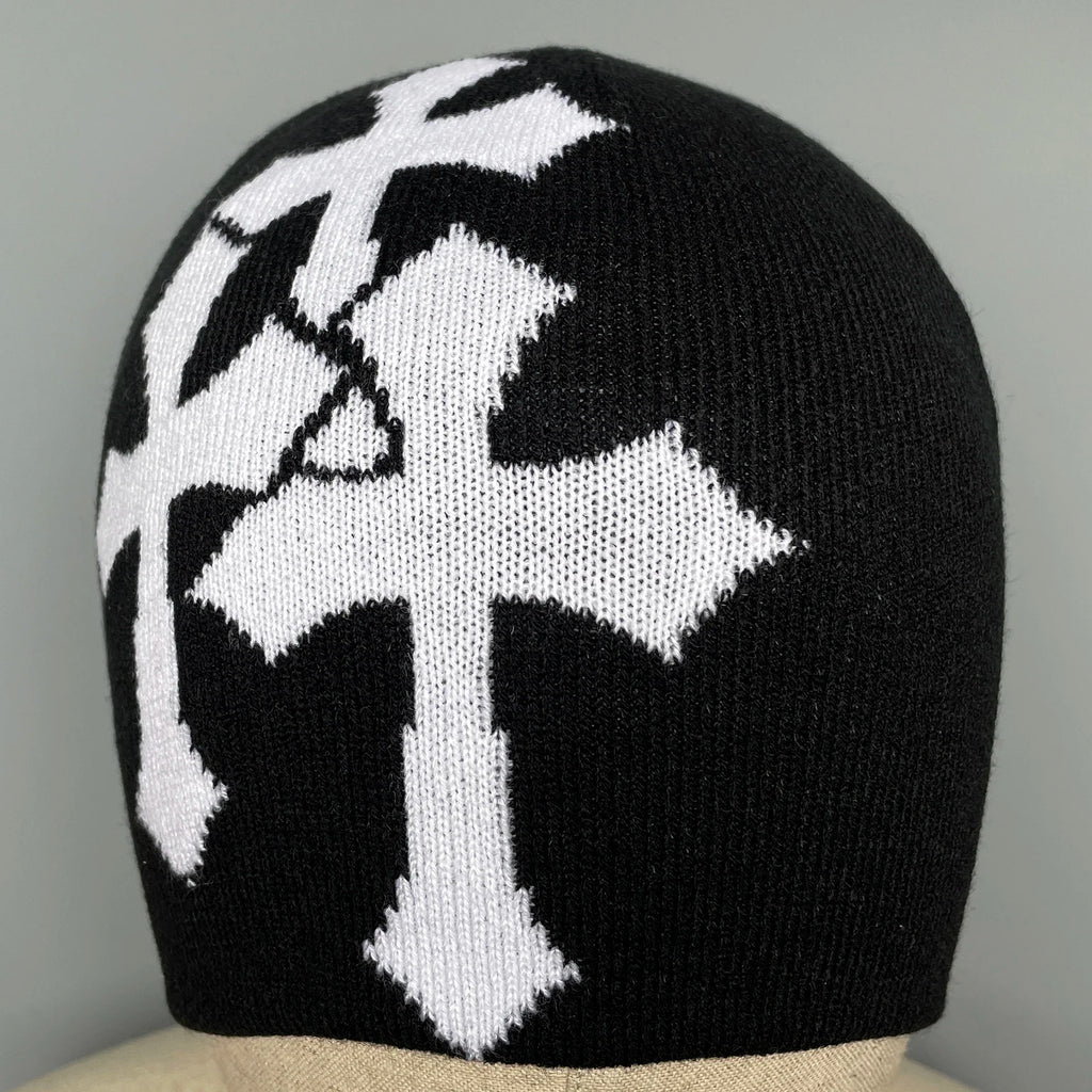 Y2K Crucifix Jacquard Knitted Hat, European and American Popularity Hip Hop Hat, Street Trend Fashion Personality Adult Hat