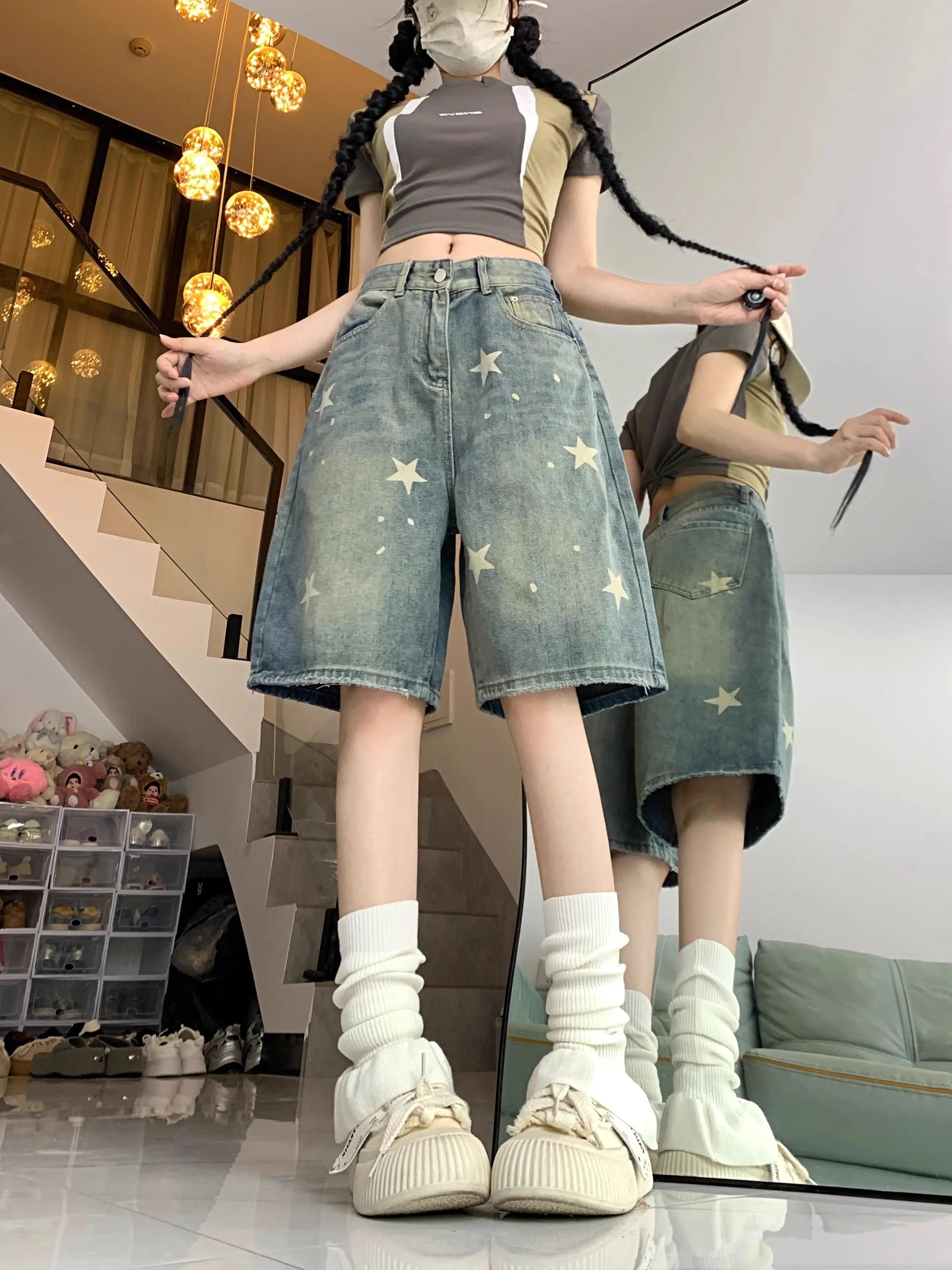Casual Floral Print Loose Wide Leg Womens Jeans New American Retro Star Design Straight Leg Comfort Stretch Soft Denim Shorts