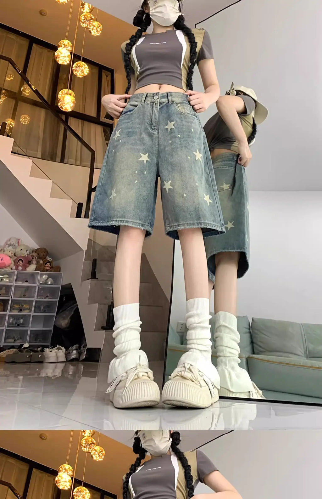 Casual Floral Print Loose Wide Leg Womens Jeans New American Retro Star Design Straight Leg Comfort Stretch Soft Denim Shorts