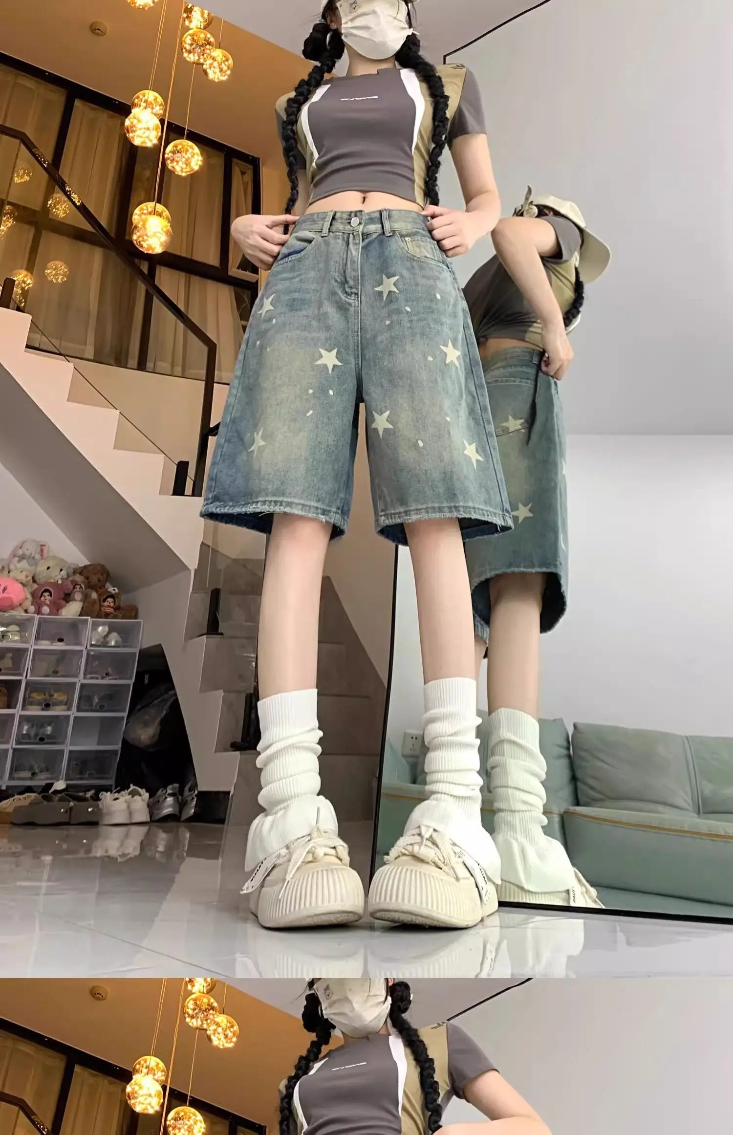 Casual Floral Print Loose Wide Leg Womens Jeans New American Retro Star Design Straight Leg Comfort Stretch Soft Denim Shorts