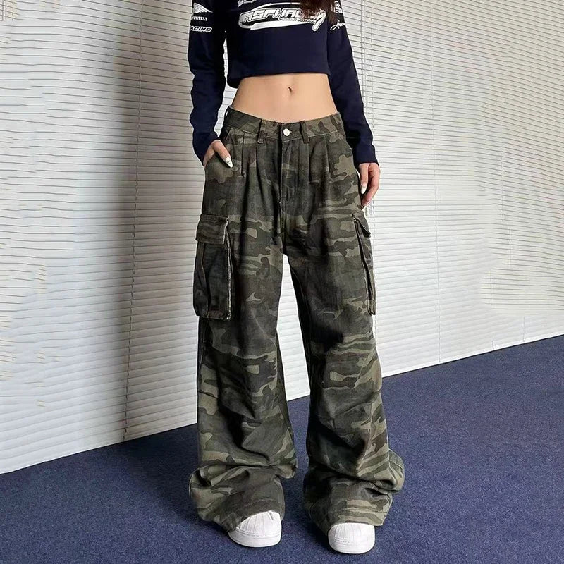 Y2K American Retro Camo Cargo Pants Female High Waist Oversized Pockets Wide Leg Pants Bf Hip Hop Streetwear Straight Trousers