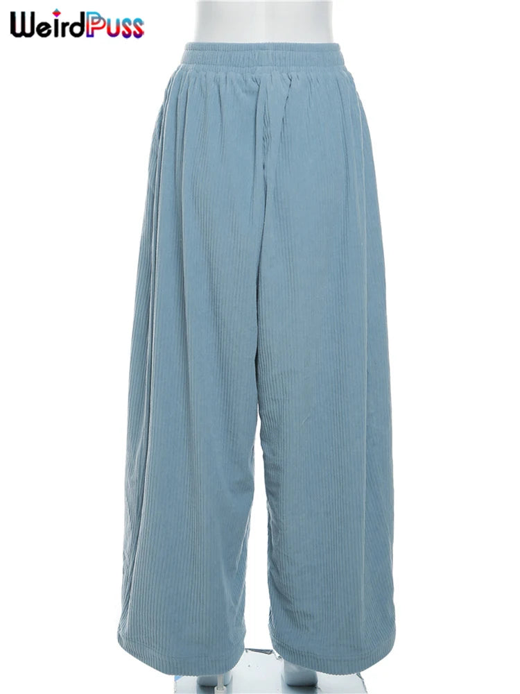 Weird Puss Y2K Casual Wide-Leg Pants Women Autumn Loose Simple Basic Pocket High Waist Trousers Corduroy Streetwear Long Bottoms
