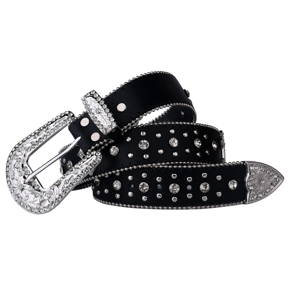 Black Cross Rivet Belt Engraved Buckle Rhinestone Decor PU Belt Hip Hop Jeans Pants Belt Punk Western Cowboy Cowgirl Belts