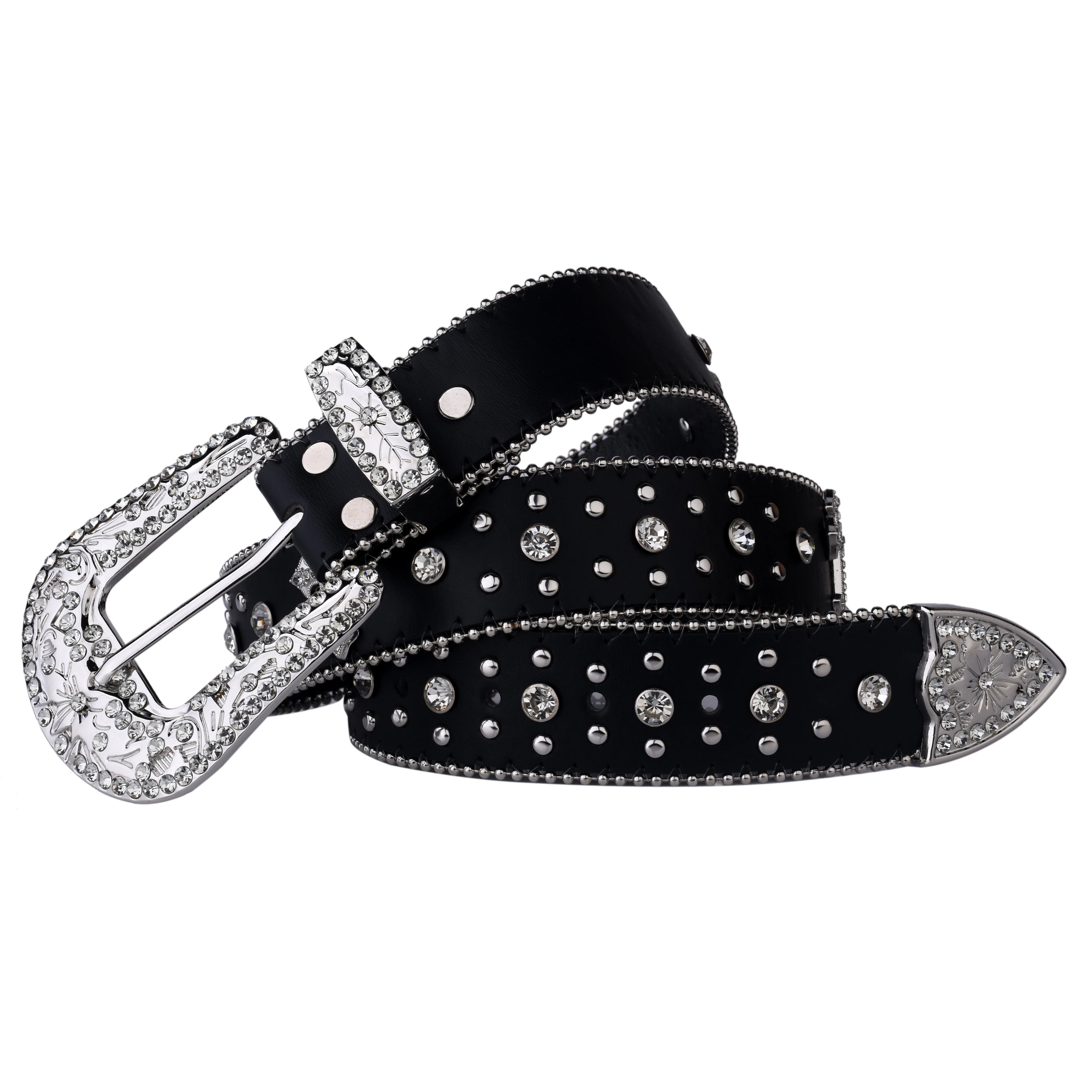 Black Cross Rivet Belt Engraved Buckle Rhinestone Decor PU Belt Hip Hop Jeans Pants Belt Punk Western Cowboy Cowgirl Belts