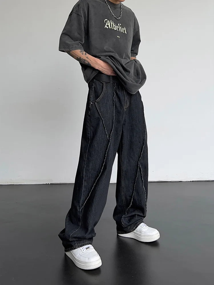 2025 Men HipHop Distressed Jeans Pants Men Ripped Patchwork Denim Pants Male Oversized Loose Casual Streetwear Wide Leg Trousers