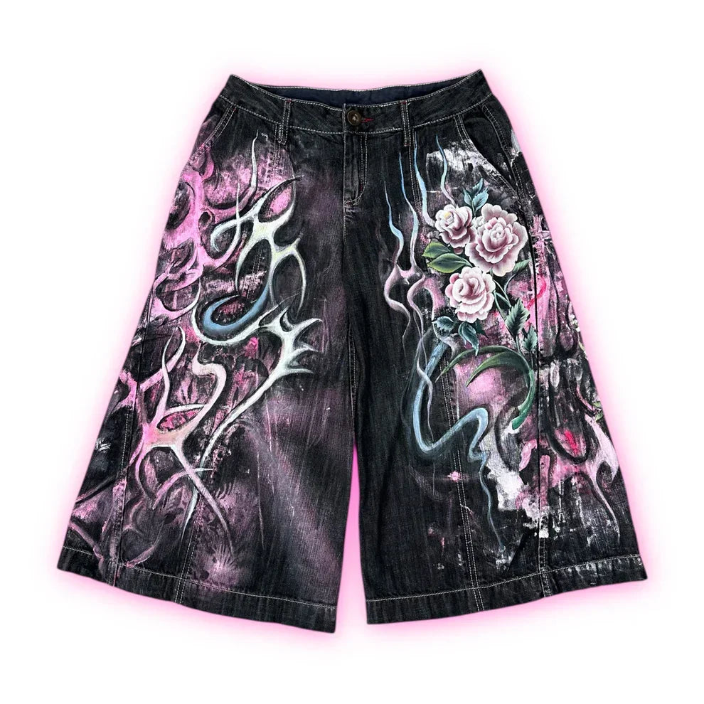 Streetwear Denim Shorts Mens Embroidery American Hip Hop Printed Loose Shorts Gothic Retro Harajuku Fashion Y2K New Shorts
