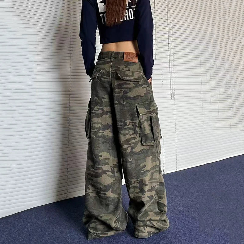 Y2K American Retro Camo Cargo Pants Female High Waist Oversized Pockets Wide Leg Pants Bf Hip Hop Streetwear Straight Trousers