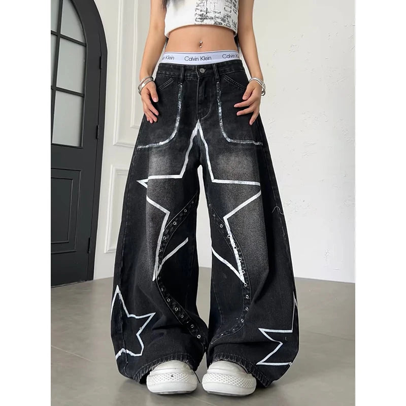 YIBASHU Women's Black Gothic Emo Y2k Gyaru Baggy Jeans Oversize Denim Trousers Vintage Harajuku Grunge Star Wide Leg Jean Pants