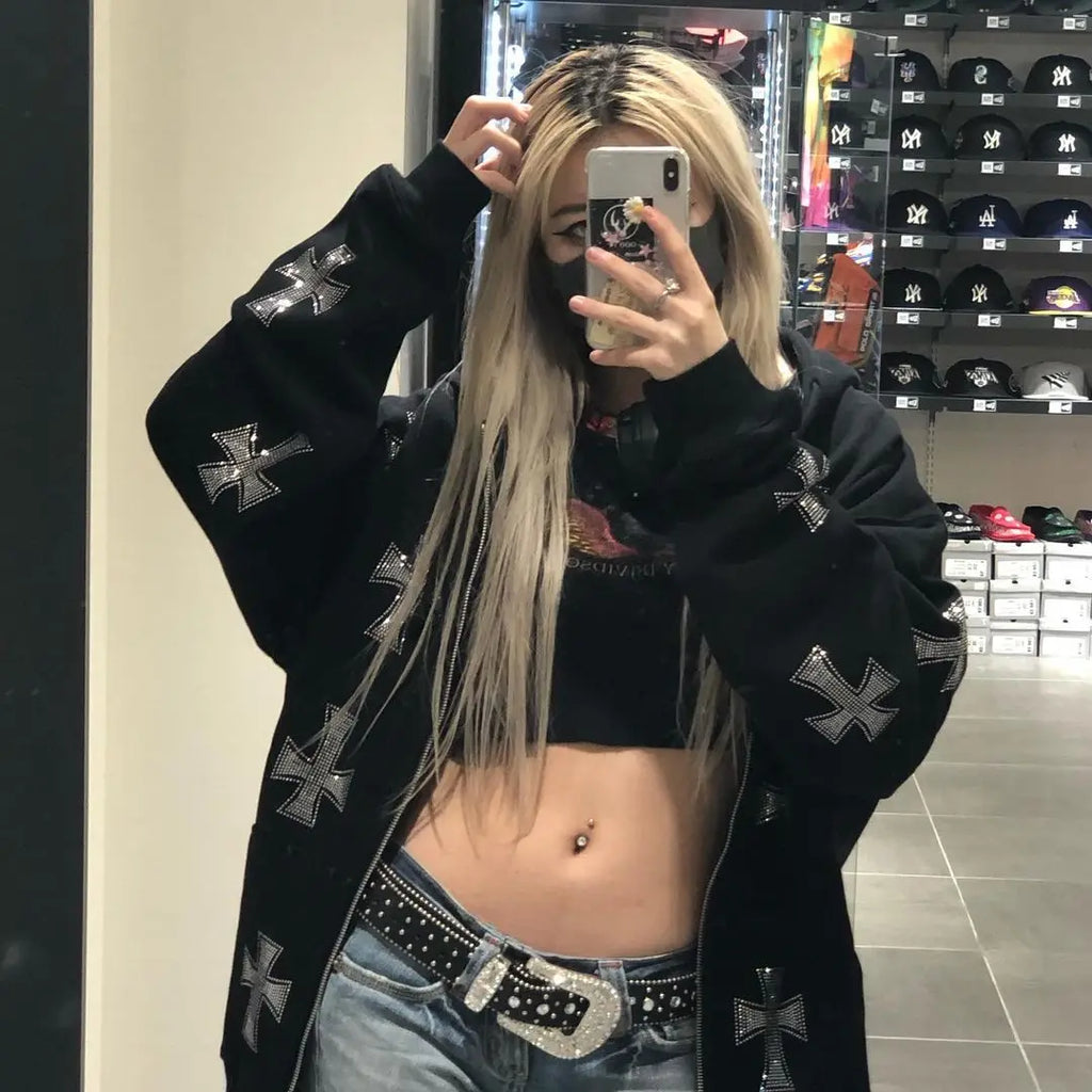 Rhinestone Full Zip Hoodie Goth Sweatshirt Pull Long Sleeve Black Hoodies Y2k Fashion Men's Women's Sport Jackets Coats New 2023