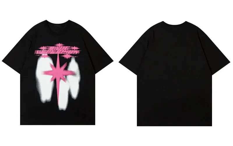 2024 Men T Shirt Streetwear Star Shadow Graphic T-Shirt Hip Hop Oversized Harajuku Tshirt Cotton Unisex Tops Tee Black White Y2K