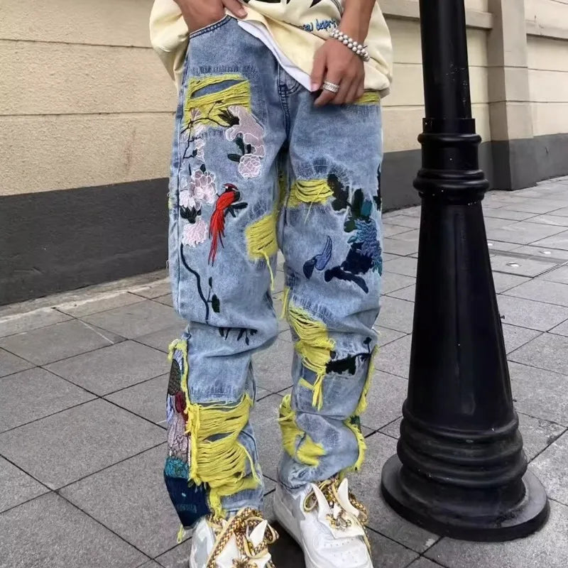 Embroidery heavy industry jeans couple summer trend hip-hop high street American style y2k new brushed loose straight-leg pants