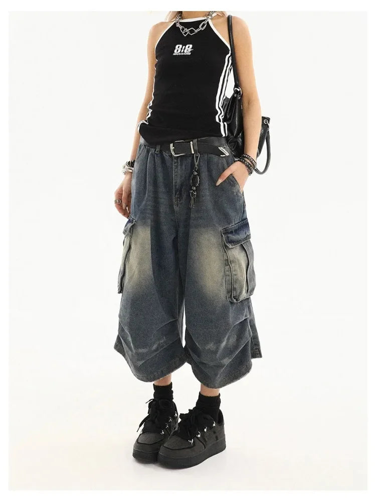 High Waist  Retro Blue Washed Denim Shorts Women's Harajuku Vintage Fashion Casual Loose Y2K Streetwear Wide Leg Cropped Pants