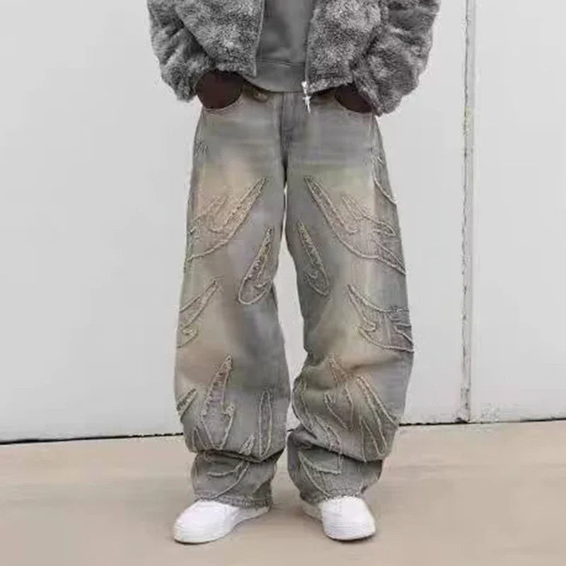 Street Gothic Retro High Waisted Wide Leg Trousers 2025 Y2k Hip Hop Baggy Jeans Men's Street Fashion Raw Edge Embroidered Jeans