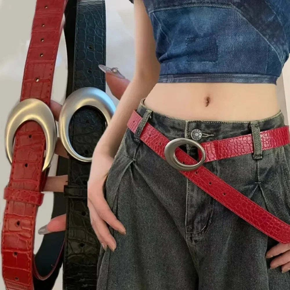 Adjustable Women's Crocodile-patterned Belt Simple Pin Buckle Imitation Leather Waist Belt Red Black Dress Waistband