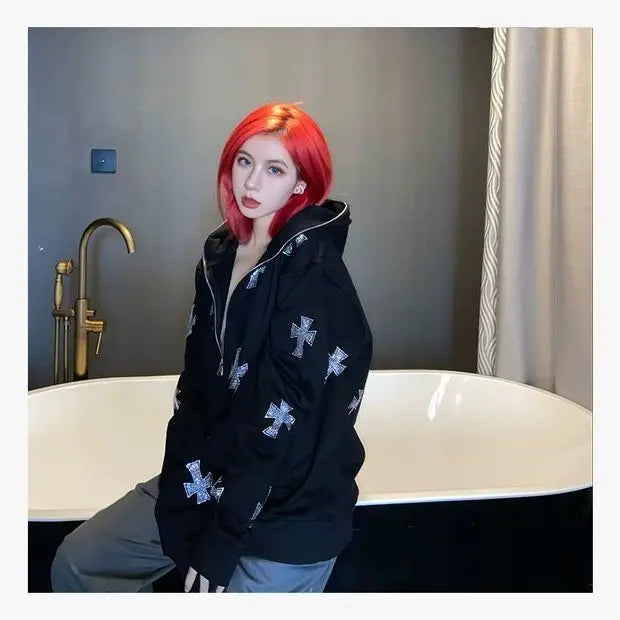 Rhinestone Full Zip Hoodie Goth Sweatshirt Pull Long Sleeve Black Hoodies Y2k Fashion Men's Women's Sport Jackets Coats New 2023
