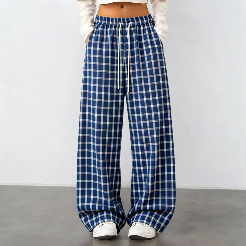 Women Plaid Straight Wide Leg Pants Drawstring Elastic Waist Loose Comfy Fit Casual Trendy Daily All Season Trousers Streetwear