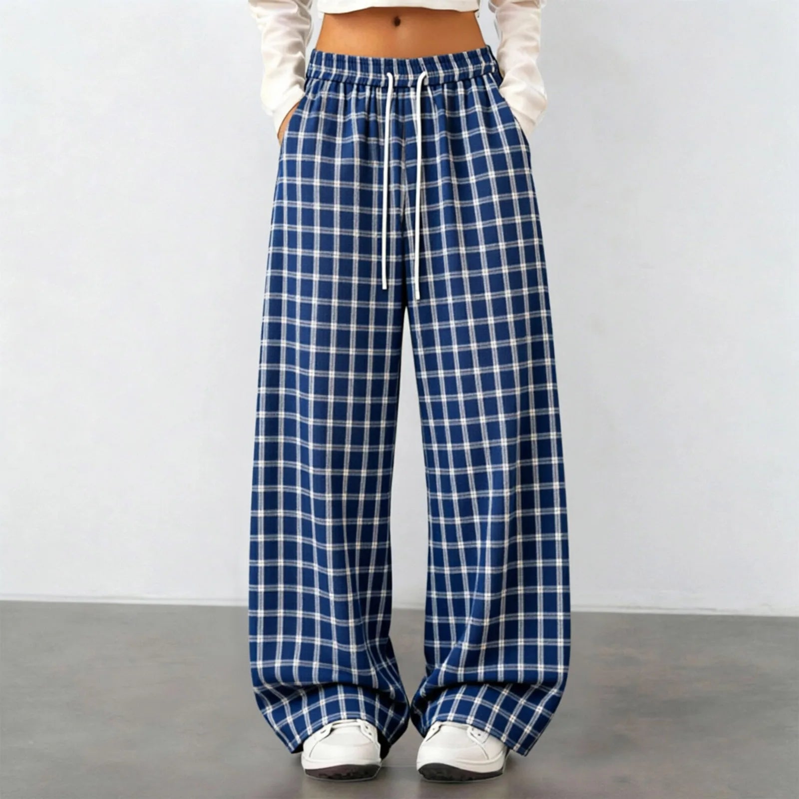 Women Plaid Straight Wide Leg Pants Drawstring Elastic Waist Loose Comfy Fit Casual Trendy Daily All Season Trousers Streetwear