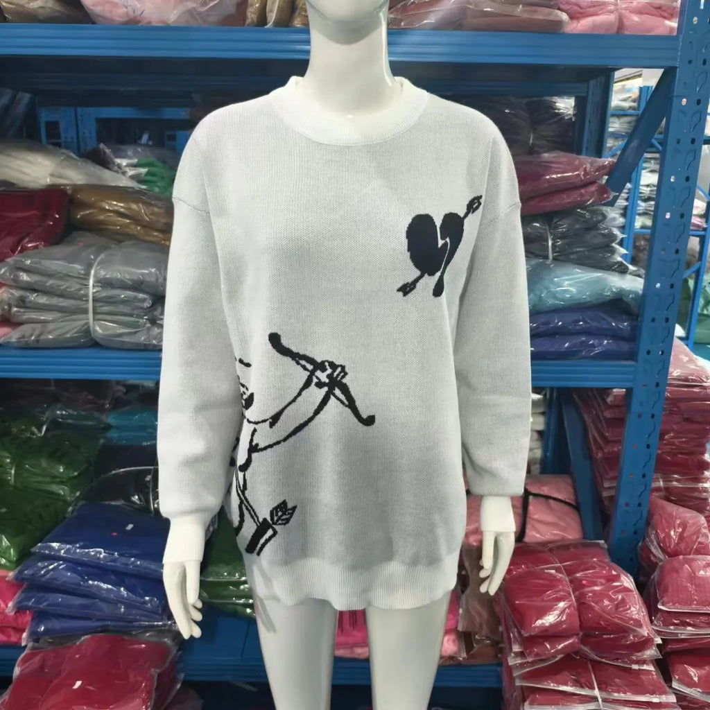 Casual Commuter Style Oversized round Neck Knitwear Women's Pullover Sweater Geometric Pattern Long Sleeve Comfortable Leisure