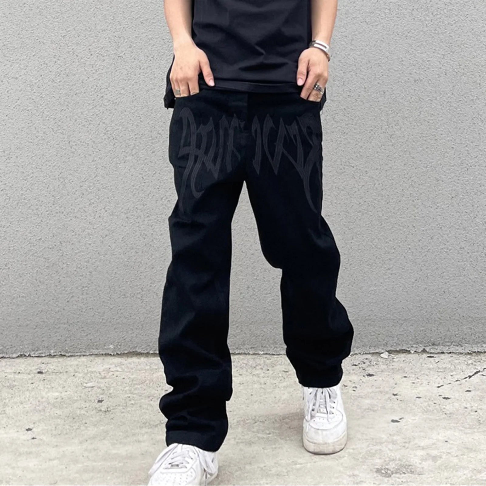 Men Y2K Embroidered High-waisted Straight Baggy Printed Jeans Hip Hop Teenager Boy Streetwear Skateboard Casual denim Trousers