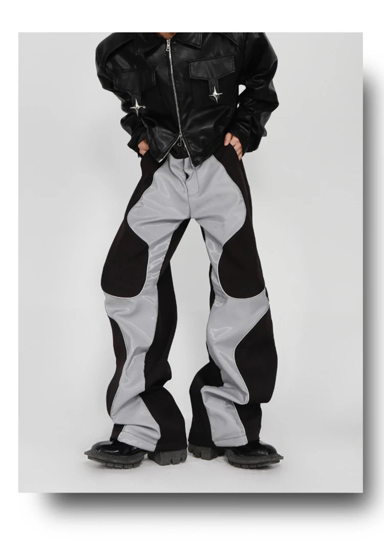 Mauroicardi Spring Autumn Cool Long Loose Casual Soft Patchwork Pu Leather Pants Men Luxury Designer Clothing Trousers 2023
