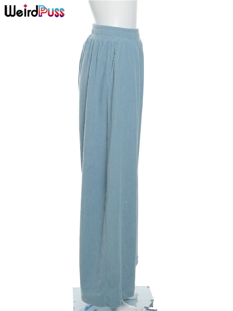 Weird Puss Y2K Casual Wide-Leg Pants Women Autumn Loose Simple Basic Pocket High Waist Trousers Corduroy Streetwear Long Bottoms