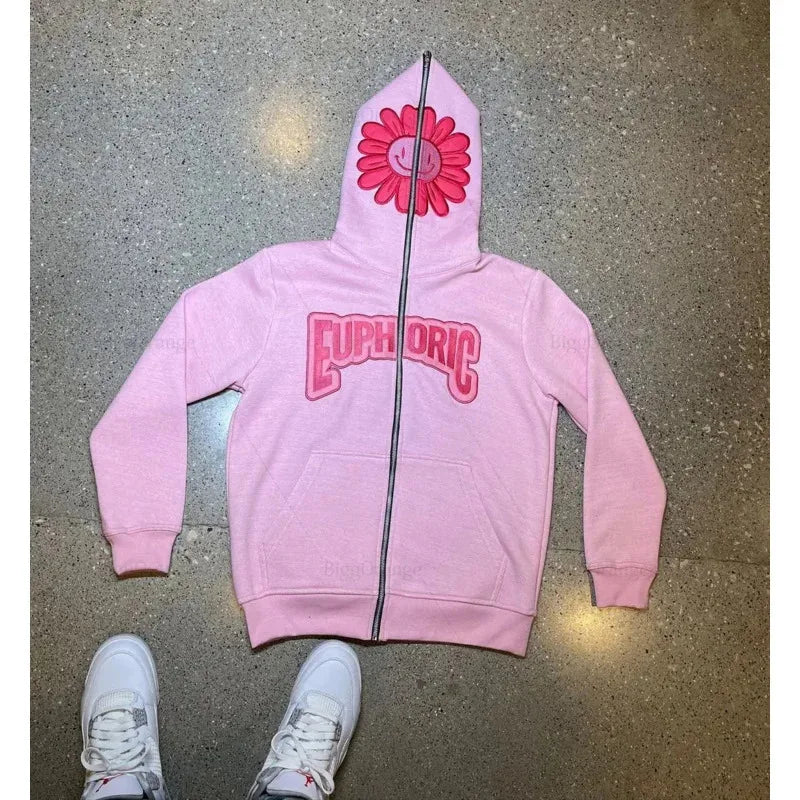 Harajuku Pink Petal Print Sweatshirts Full Zip Hoodie Streetwear Jacket Y2K Clothes New Lounge Wear Tracksuit Men Cloth NM33