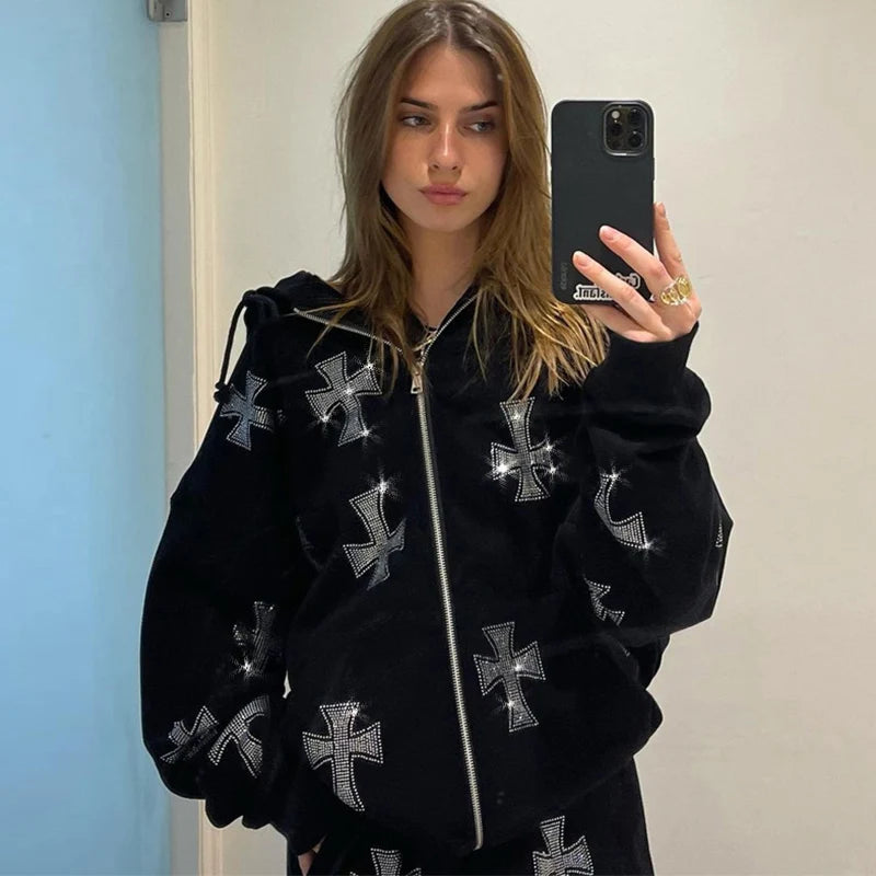 Rhinestone Full Zip Hoodie Goth Sweatshirt Pull Long Sleeve Black Hoodies Y2k Fashion Men's Women's Sport Jackets Coats New 2023