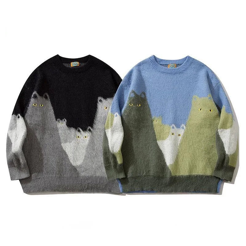 Cartoon Cat Graphic Knitted Sweater Men Oversized Hip Hop Streetwear Autumn Winter Pullover Black Loose Casual Jumper