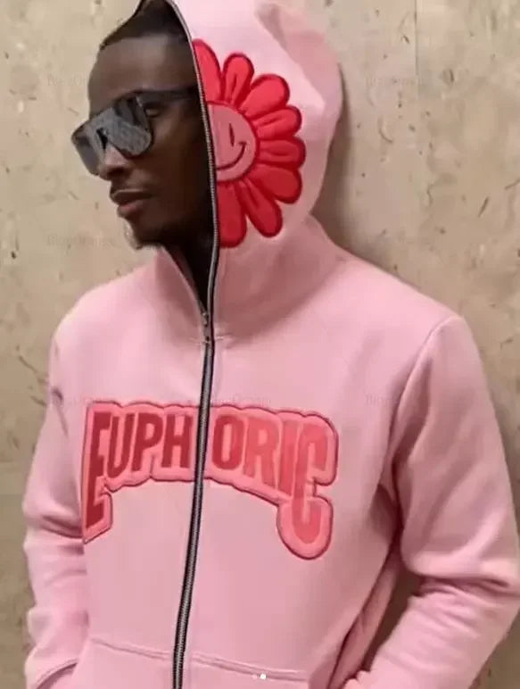 Harajuku Pink Petal Print Sweatshirts Full Zip Hoodie Streetwear Jacket Y2K Clothes New Lounge Wear Tracksuit Men Cloth NM33