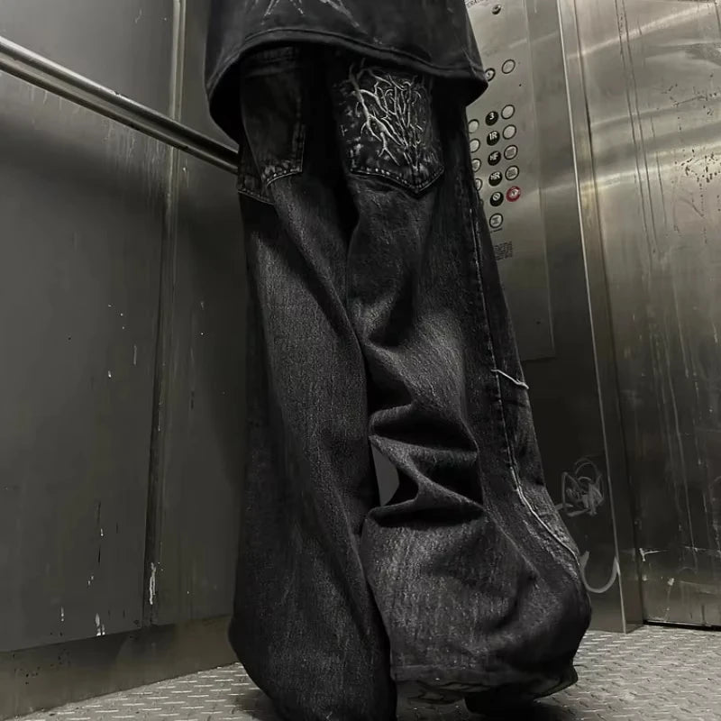 Gothic Retro Baggy Unisex Mopping Pants Y2K Phantom Jeans High Street Spider Embroidered Patch Hip Hop Streetwear Straight Jeans