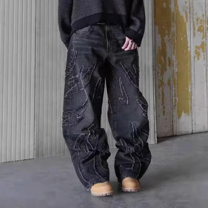 Street Gothic Retro High Waisted Wide Leg Trousers 2025 Y2k Hip Hop Baggy Jeans Men's Street Fashion Raw Edge Embroidered Jeans