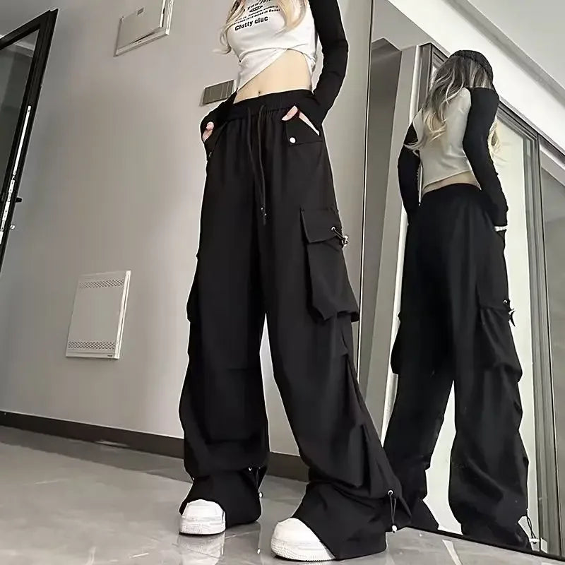 2025 Hip Hop Style White Y2k Baggy Kpop Pleated Trousers Cargo Parachute Pants Oversized Korean Streetwear Wide Leg Joggers 90s