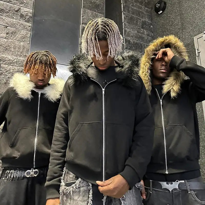 Y2K Zip up hoodie Faux Fur Collar Harajuku Rock Goth Top Retro Punk Loose Jacket Hip Hop Streetwear Zipper Hoodie sweatshirt EMO