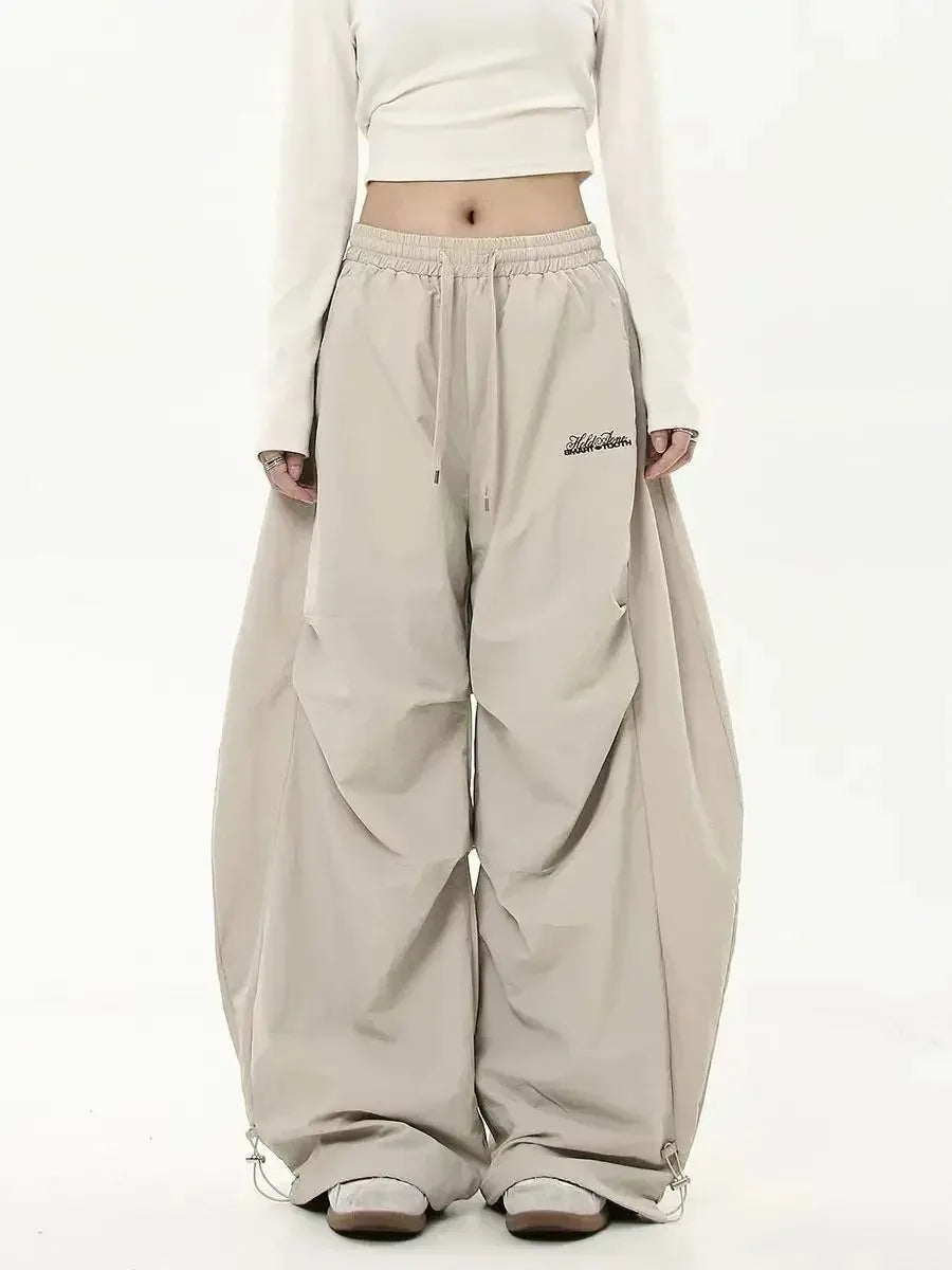 Women Casual Joggers Tech Pants Solid Low Waist Pants Drawstring Wide Leg Baggy Trousers Y2k Streetwear Oversize Sweatpants