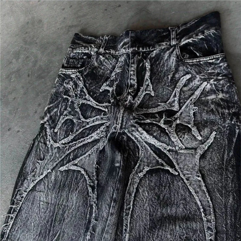 Gothic Retro Baggy Unisex Mopping Pants Y2K Phantom Jeans High Street Spider Embroidered Patch Hip Hop Streetwear Straight Jeans