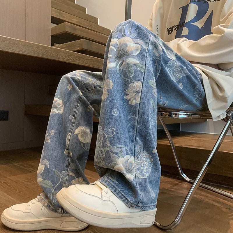 American High Street Floral Printed Jeans For Men 2026 New Y2K Vintage Denim Trousers Hip Hop Fashion Wide-leg Baggy Jean Pants