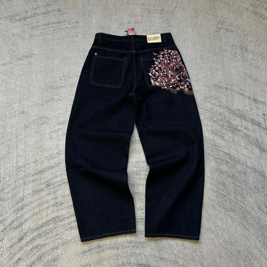 Vintage Low Waist Hip Hop Cherry Blossom Embroidered Jeans  Wide Leg Trousers Y2K Clothes Mens Womes Embroidered Baggy Jeans