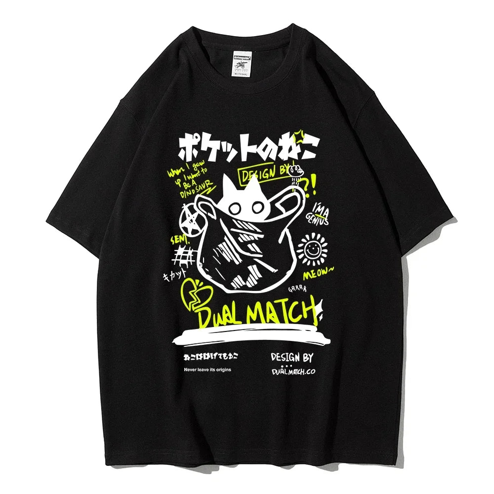 Men Women Cartoon T-Shirts Harajuku Kawaii Cat Printed Short Sleeve Tees Couple Streetwear Clothes Y2K Tops Graphic T Shirts