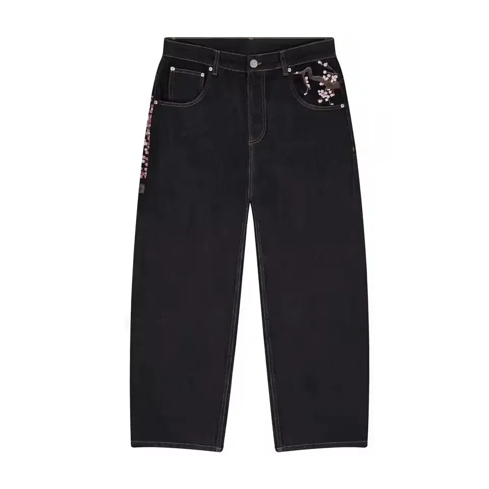 Vintage Low Waist Hip Hop Cherry Blossom Embroidered Jeans  Wide Leg Trousers Y2K Clothes Mens Womes Embroidered Baggy Jeans