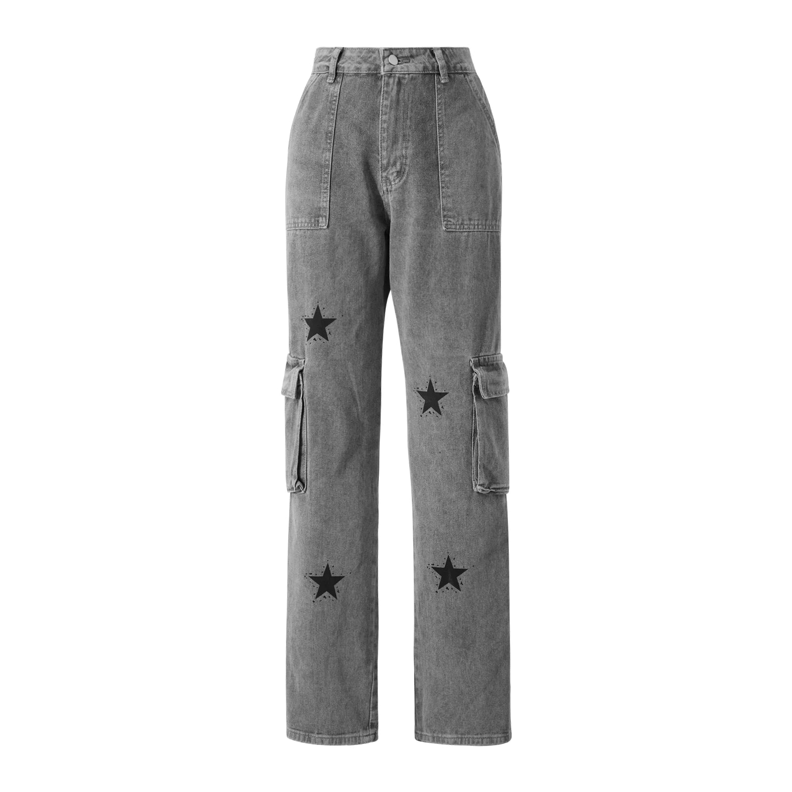 Combhasaki Women's Y2K Grunge Vintage Button Low Waist Cargo Straight Denim Pants Star Print Street Long Trousers with Pockets