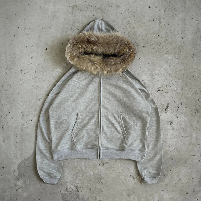 Y2K Zip up hoodie Faux Fur Collar Harajuku Rock Goth Top Retro Punk Loose Jacket Hip Hop Streetwear Zipper Hoodie sweatshirt EMO