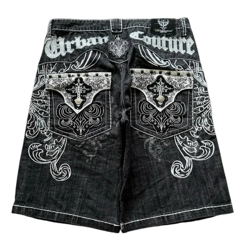 Streetwear Denim Shorts Mens Embroidery American Hip Hop Printed Loose Shorts Gothic Retro Harajuku Fashion Y2K New Shorts