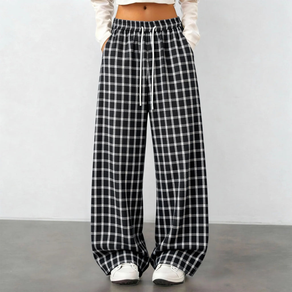 Women Plaid Straight Wide Leg Pants Drawstring Elastic Waist Loose Comfy Fit Casual Trendy Daily All Season Trousers Streetwear