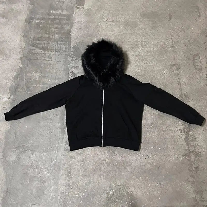 Y2K Zip up hoodie Faux Fur Collar Harajuku Rock Goth Top Retro Punk Loose Jacket Hip Hop Streetwear Zipper Hoodie sweatshirt EMO