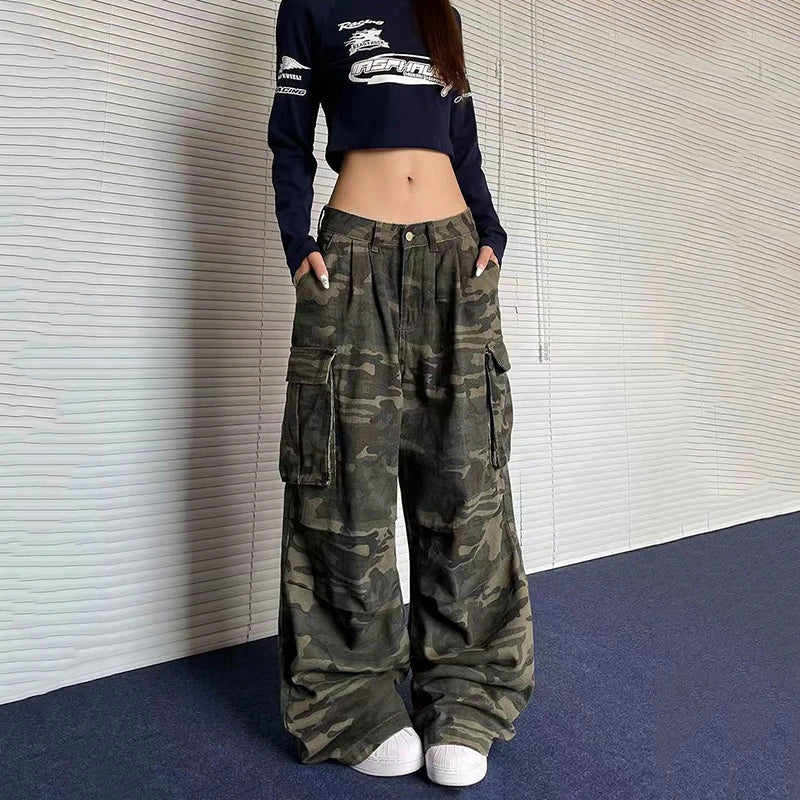 Y2K American Retro Camo Cargo Pants Female High Waist Oversized Pockets Wide Leg Pants Bf Hip Hop Streetwear Straight Trousers