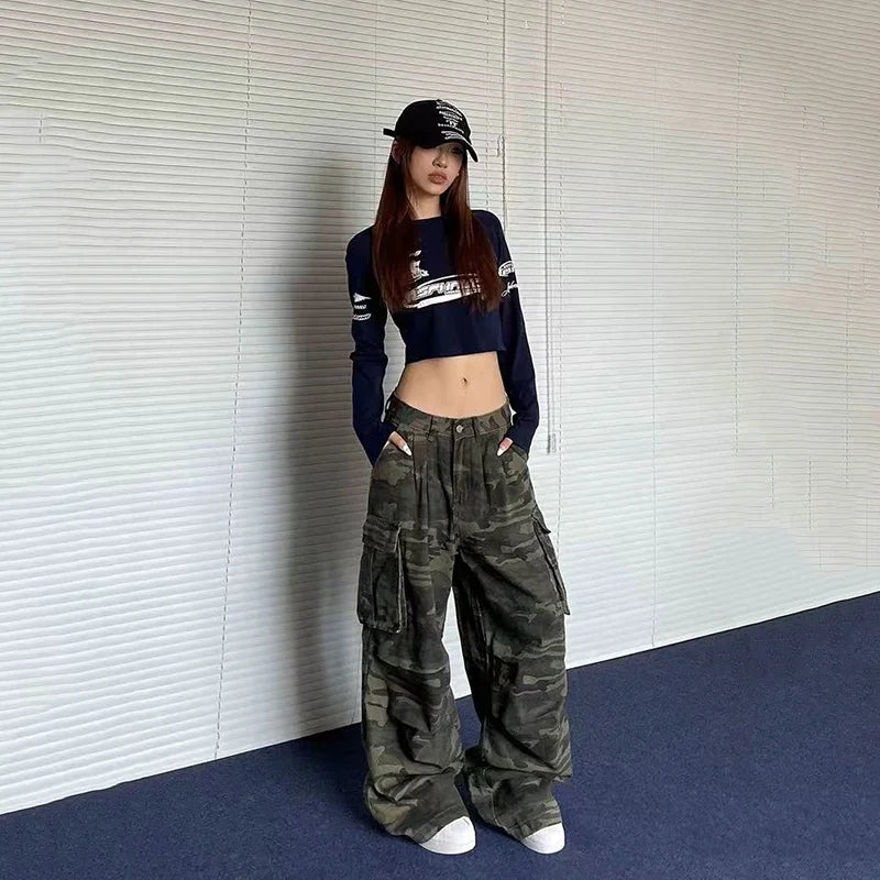 Y2K American Retro Camo Cargo Pants Female High Waist Oversized Pockets Wide Leg Pants Bf Hip Hop Streetwear Straight Trousers