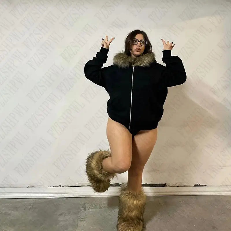 Y2K Zip up hoodie Faux Fur Collar Harajuku Rock Goth Top Retro Punk Loose Jacket Hip Hop Streetwear Zipper Hoodie sweatshirt EMO